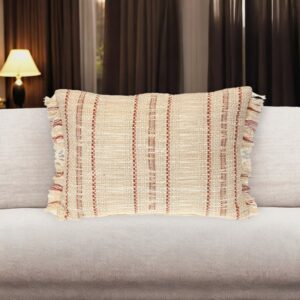 529219_9_BDMyK5Nv.jpg 14" X 20" Beige and Pink Striped Cotton Throw Pillow With Fringe