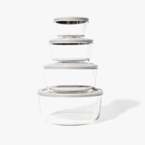 Glass Food Storage Containers - 8 Piece (4 Containers + 4 Lids) Round Nesting Space-Saving Set
