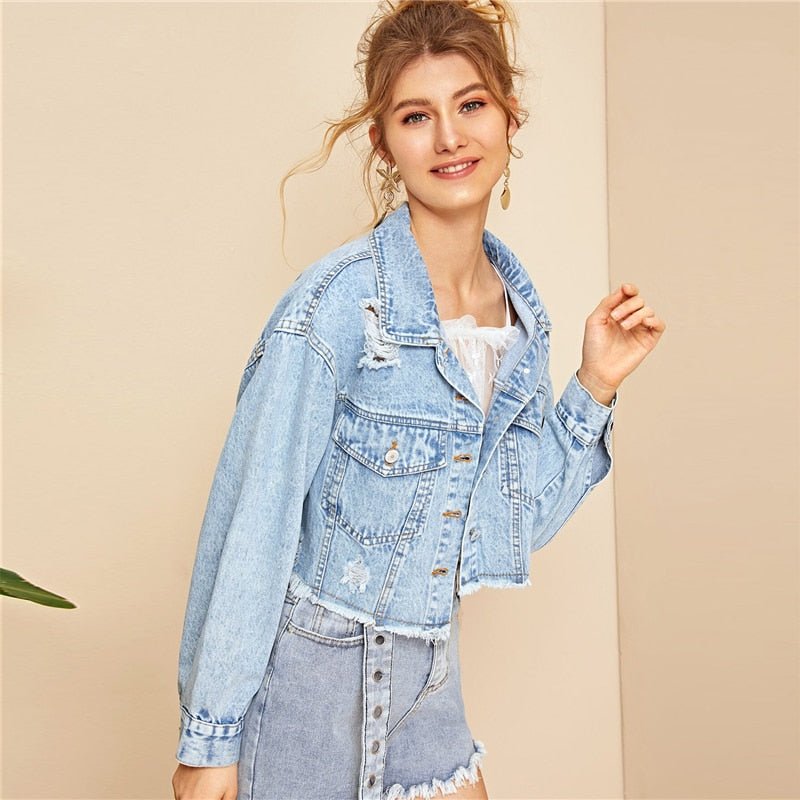 Blue Ripped Frayed Edge Flakes Crop Denim Jeans Jacket Single Breasted Casual Outwear Coat Jackets - Image 2