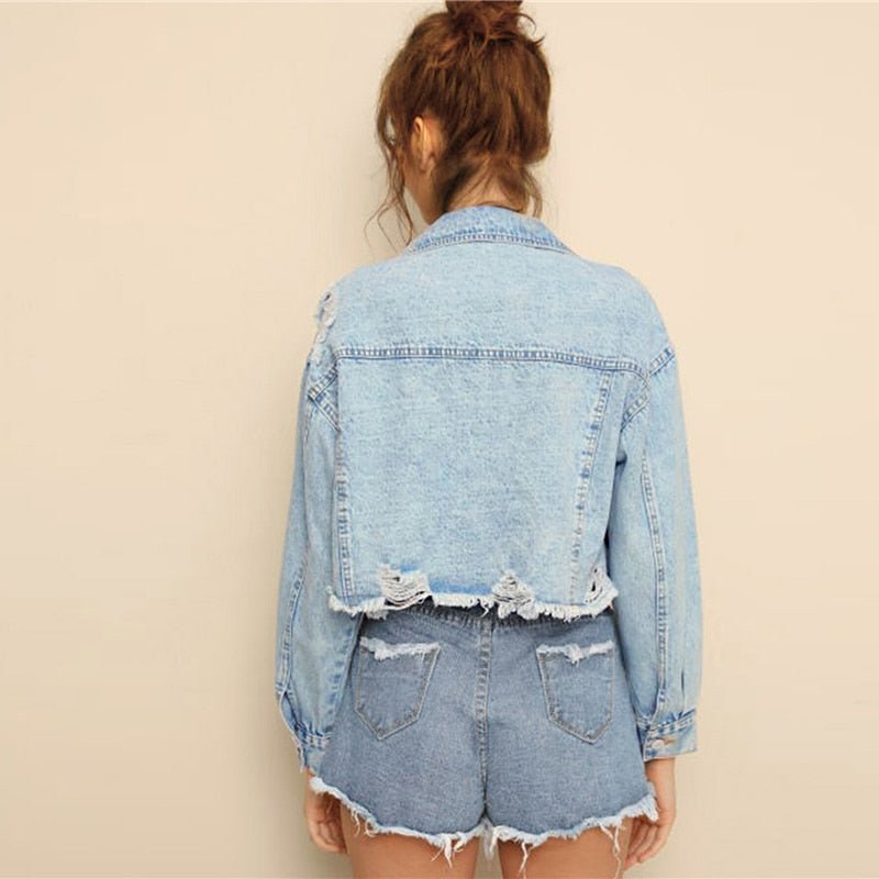 Blue Ripped Frayed Edge Flakes Crop Denim Jeans Jacket Single Breasted Casual Outwear Coat Jackets - Image 4