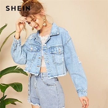 Blue Ripped Frayed Edge Flakes Crop Denim Jeans Jacket Single Breasted Casual Outwear Coat Jackets - Image 5