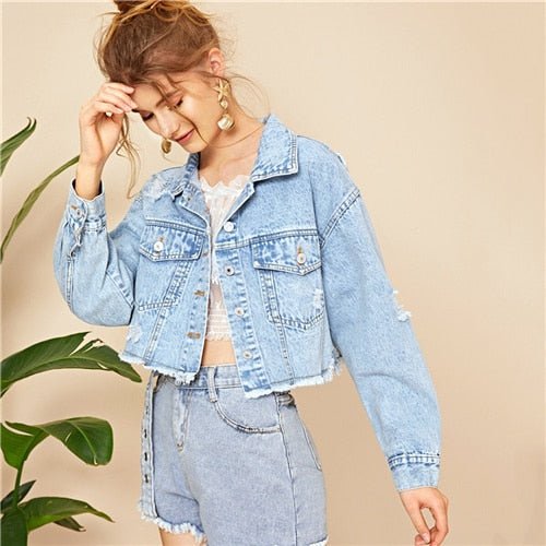 Blue Ripped Frayed Edge Flakes Crop Denim Jeans Jacket Single Breasted Casual Outwear Coat Jackets - Image 7
