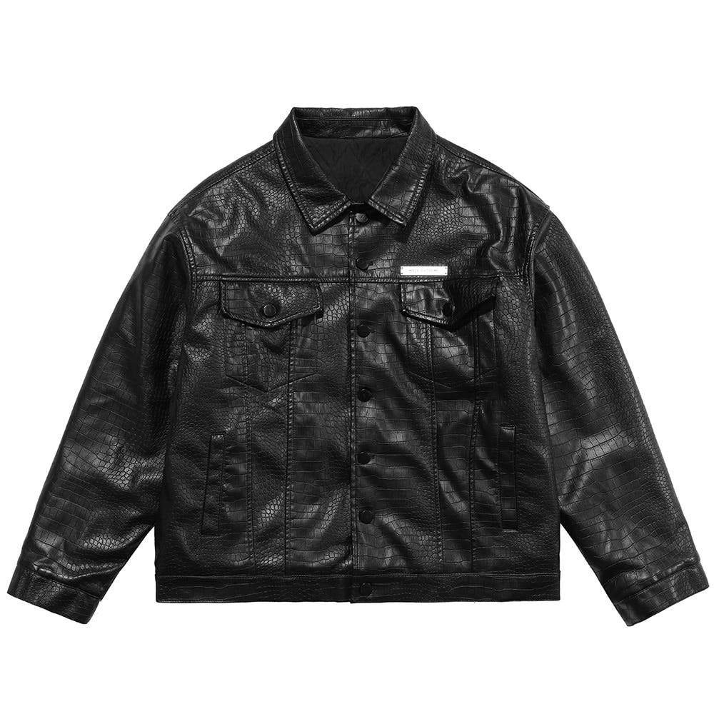 Leather Parkas Jackets Men Pockets Thick Black Motorcycle Jacket Vintage High Street Punk Fashion Turn-down Collar Coat